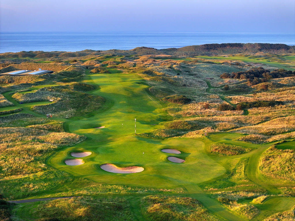An aerial view of the 13th hole at Royal Portrush
